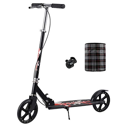 Scooter : LXLA Folding Adult Kick Scooter with Hand Brake, Big Wheels Commuter Scooter with Bell and Basket, Adjustable Height, Supports 220lbs (Color : Black)