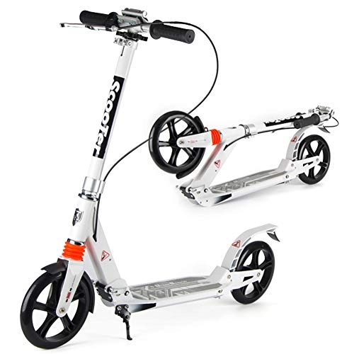 Scooter : LXLA Folding Adult Kick Scooter with Hand Brake, Big Wheels Dual Suspension Commuter Scooters, Adjustable Height - Supports 330 lbs (Color : White)