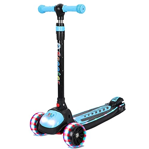 Scooter : PTHZ Children's Scooter, Foldable Portable 3-Wheel Scooter, with Adjustable Height Handle And Flashing PU Wheels, Self-Balancing Kick Scooter Suitable for Children 3 Years Old And Above, Blue