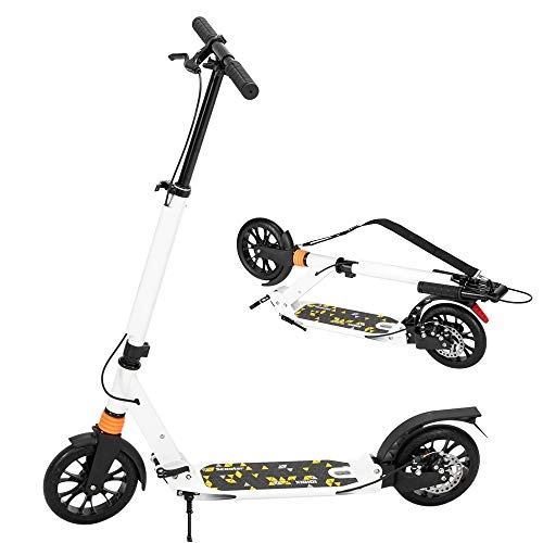 Scooter : Push Scooters Two Big Wheels Folding Kick Scooters with Carry Strap, Disc and Rear Dual Brakes, Height-Adjustable Scooter for Adults Teens (white)