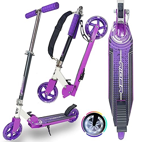 Scooter : WeLLIFE Folding Aluminium Scooter with Pedal Brake, Adjustable Height 90-105 cm Wheel 145 mm City Scooter for Children 6 Years / Maximum Load 100 kg (Violet)