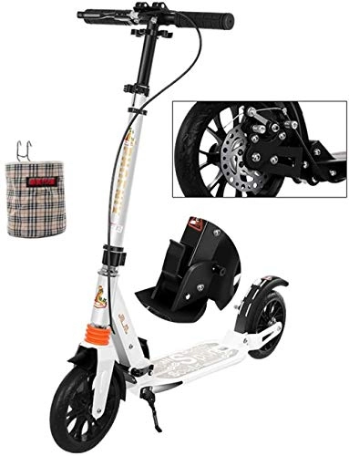 Scooter : XBSLJ Kick Scooter, Kids Scooter One-button Folding Dual Suspension with Big Wheels and Disc Handbrake with Storage Basket Supports100kg Teens Adult-White