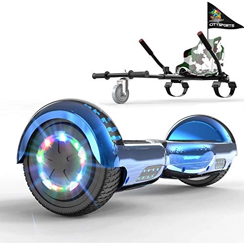 Self Balancing Segway : GeekMe Hoverboards 6.5 Inches with go kart seat, Segway hoverkart with LED Lights - Bluetooth Speaker - Flashing Wheels, Gift for kids and adults! (Blue+Camouflage kart)
