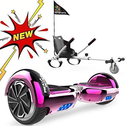 Self Balancing Segway : Mega Motion 6.5'' Hoverboard Self Balanced Electric Scooter Led Light built in Bluetooth Speakers With Hoverkart For Kids Super Gifts(Chrome Rose Red+White Hoverkart)