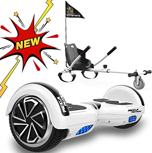 Self Balancing Segway : Mega Motion 6.5'' Hoverboard Self Balanced Electric Scooter Led Light built in Bluetooth Speakers With Hoverkart For Kids Super Gifts(White+White Hoverkart)