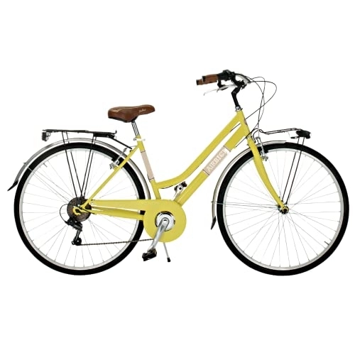 Vélos Cruiser : Airbici VV603AC Vélo de Ville Femme Jaune | Vélo de Tourisme Vintage à 6 Vitesses, Cadre en Acier, Garde-Boue, Lumières LED, Porte-Bagages | Vélo Urbain pour Femmes