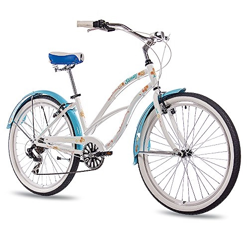 Vélos Cruiser : CHRISSON Vélo Beachcruiser 26 pouces Sandy blanc bleu avec dérailleur Shimano Tourney 6 vitesses pour femme au look rétro Vintage Cruiser Bike