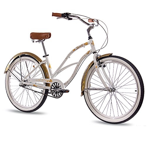Vélos Cruiser : CHRISSON Vélo Beachcruiser 26 pouces Sandy blanc or avec moyeu Shimano Nexus à 3 vitesses pour femme au look rétro Vintage Cruiser Bike