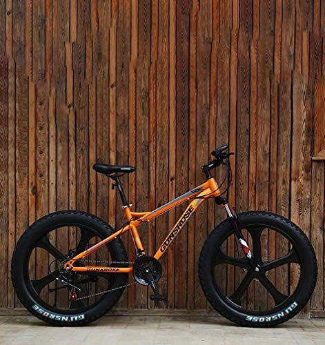 Vélos de montagnes : AISHFP Fat Tire Adult Mountain Bike, Double Frein à Disque / Haut-Carbone Cadre en Acier Vélos Cruiser, Plage Motoneige vélos, 24 Pouces en Alliage de magnésium Roues intégré, Orange, 24 Speed