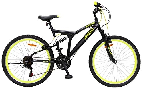 Vélos de montagnes : Amigo Racer - VTT pour garçons et Filles - 26 Pouces - Shimano 18 Vitesses - Convient à partir de 150 cm - avec Frein à Main et béquilles pour vélo - Noir / Jaune