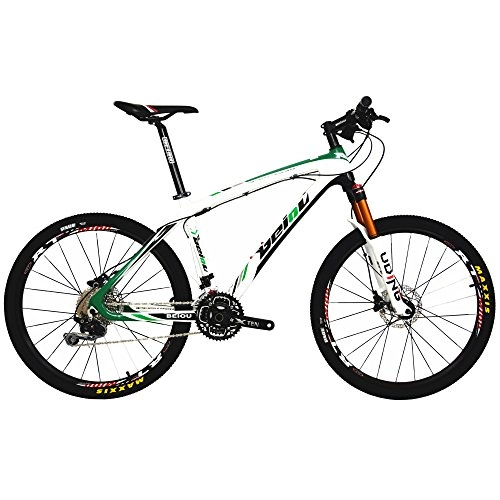 Vélos de montagnes : Beiou CB005 VTT en fibre de carbone Drailleur Shimano Deore M610 30vitesses Ultralger 10, 8kg RT26 Cblage externe professionnel Toray T800 , Green, 15-Inch