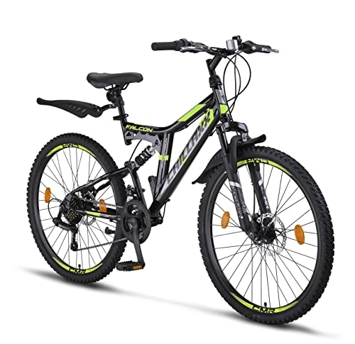 Vélos de montagnes : Chillaxx Bike Falcon Premium VTT en 24 et 26 pouces – Vélo pour garçons, filles, femmes et hommes – Frein à disque – 21 vitesses – Suspension complète (26 pouces, frein à disque noir)