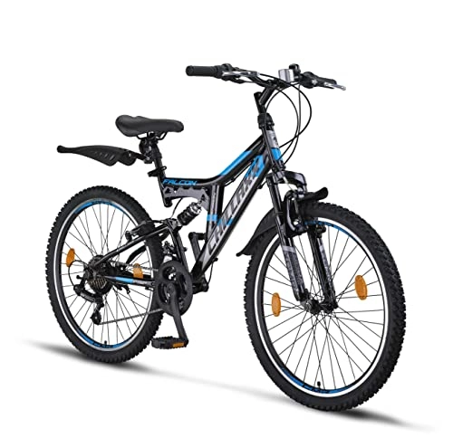 Vélos de montagnes : Chillaxx Bike Falcon VTT de qualité supérieure en 24 et 26 pouces – Vélo pour garçons, filles, femmes et hommes 21 vitesses – Suspension complète (24 pouces, frein en V noir / bleu)