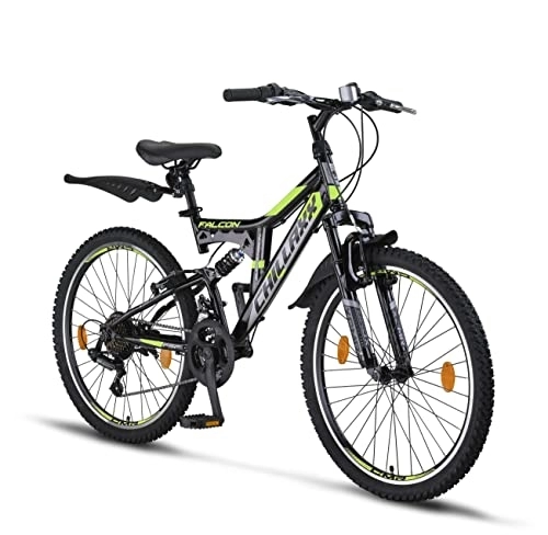 Vélos de montagnes : Chillaxx Bike Falcon Vélo de montagne haut de gamme de 24 et 26" – Vélo pour garçons, filles, femmes et hommes – Frein en V – 21 vitesses – Suspension complète (24 pouces, frein V-brake noir)