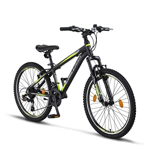 Vélos de montagnes : Chillaxx Bike Legend Premium en 24 et 26 pouces VTT en aluminium V-Bramse Vélo pour garçons, filles, hommes et femmes - 21 vitesses - Vélo VTT en aluminium (24 pouces, noir / citron V-Bramse)