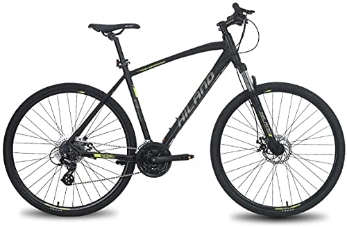 Vélos de montagnes : HILAND 700C vélo Hybride avec Cadre Aluminium Shimano 24 Vitesses Vitesse Lock-Out Fourche à Suspension Frein à Disque vélo de Ville…
