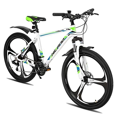 Vélos de montagnes : Hiland VTT 26" avec cadre en aluminium de 17" et frein à disque à ressort, 3 roues à rayons, adolescents, vélo, homme et femme, blanc