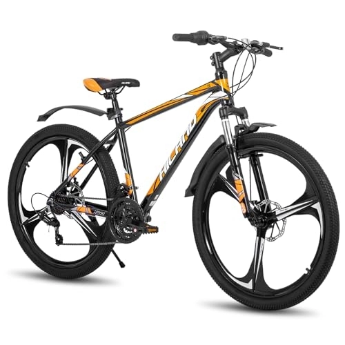 Vélos de montagnes : Hiland VTT 26" avec cadre en aluminium, frein à disque, fourche à suspension, 3 roues à rayons, pour adolescents, hommes, femmes, noir / orange