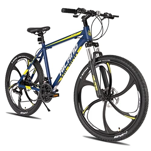 Vélos de montagnes : HILAND VTT 26" avec cadre en aluminium Shimano 21 vitesses, frein à disque, fourche à suspension, vélo pour adolescents, filles, garçons, bleu, 6 hommes, VTT à rayons