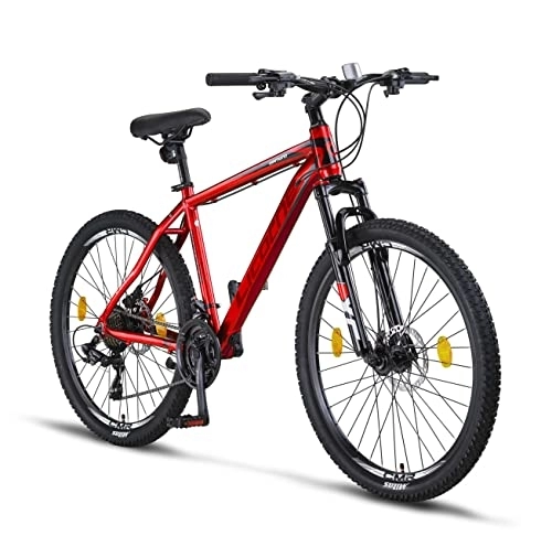 Vélos de montagnes : Licorne Bike Diamond VTT en aluminium pour garçon, fille, homme et femme – 21 vitesses – Frein à disque – Fourche avant réglable (26", rouge)