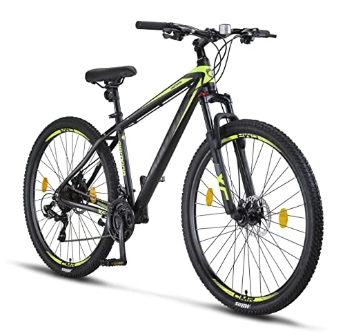 Vélos de montagnes : Licorne Bike Diamond VTT en aluminium pour garçon, fille, homme et femme – 21 vitesses – Frein à disque – Fourche avant réglable (29", noir / vert)