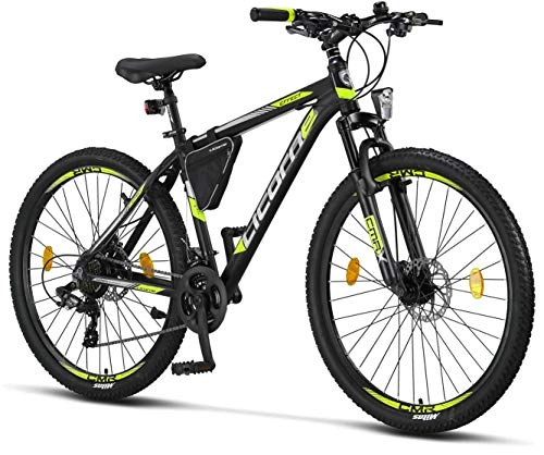 Vélos de montagnes : Licorne Bike Effect VTT de qualité supérieure en 27, 5 pouces - Vélo pour garçons, filles, hommes et femmes-Dérailleur 21 vitesses-Frein à disque-homme-Noir / citron vert (2 freins à disque)