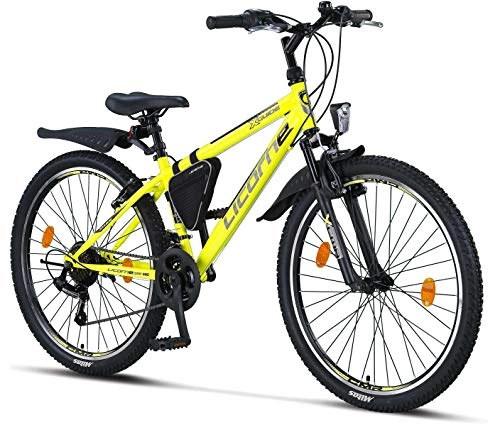 Vélos de montagnes : Licorne Bike Guide Vélo VTT haut de gamme pour filles, garçons, hommes et femmes Vélo avec dérailleur Shimano 21 vitesses, Mixte, jaune / noir, 26