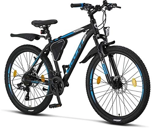 Vélos de montagnes : Licorne Bike Vélo VTT haut de gamme, pour filles, garçons, hommes et femmes, avec dérailleur Shimano à 21 vitesses, Garçon, Noir / bleu (2 freins à disque)., 26 pouces