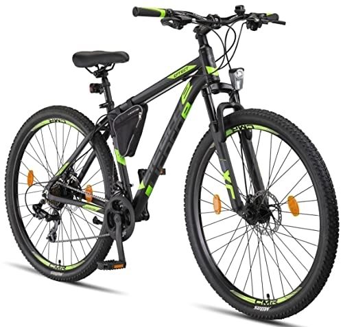 Vélos de montagnes : Licorne Bike Vélo VTT haut de gamme, pour filles, garçons, hommes et femmes, avec dérailleur Shimano à 21 vitesses, Garçon, noir / citron vert (2 freins à disque)., 29 pouces