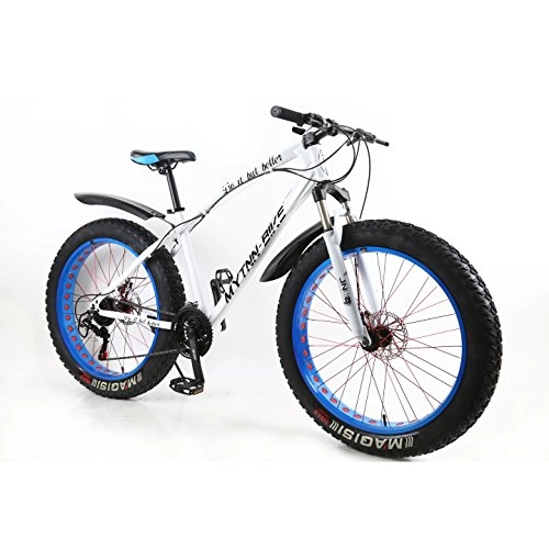 Vélos de montagnes : MYTNN Fatbike 26" 21 vitesses Shimano Fat Tyre 2020 VTT 47 cm RH Snow Bike Fat Bike Fat Bike (cadre blanc / jantes bleues)