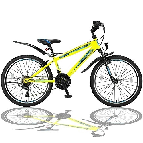 Vélos de montagnes : Talson Vélo VTT 24" avec suspension fourche et éclairage 21 vitesses Shimano FST Jaune