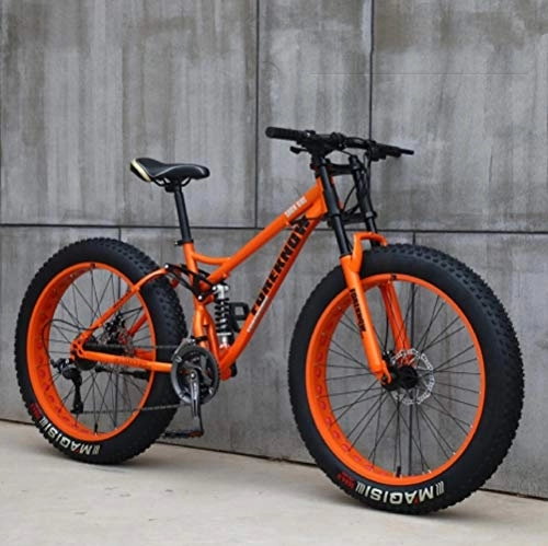 Vélos de montagnes : VTT 26'', 21 Vitesses Vélo Gros Pneu, Adulte Vélo Tout-terrain à Vitesse Variable pour la Plage et la Neige, Cadre en Acier à Haute Teneur en Carbone Dual Full Suspension Dual Disc Brake (Orange)