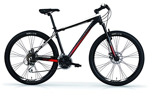 Vélos de montagnes : Vélo VTT MBM 227 en aluminium, suspension avant, 27.5", 21 vitesses, freins à disques en option (Noir Mat / Rouge Neon, 50)