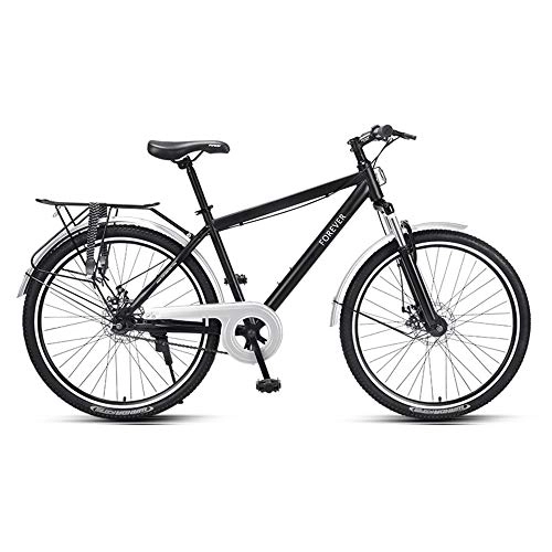 Vélos de montagnes : Vélo, VTT, vélo de banlieue à une vitesse, cadre en acier à haute teneur en carbone, frein à double disque, pour adultes et adolescents, pas facile à déformer, avec étagère arrière / Noir / 170x