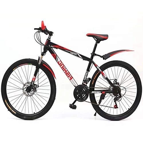 Vélos de montagnes : Yangsangjin Vélo de montagne en acier à haute teneur en carbone, garde-boue avant+arrière, 21 vitesses, vélo de frein à disque double 22 cm, noir / rouge