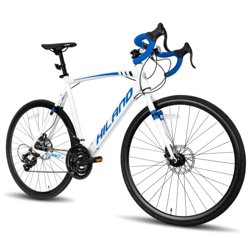 Vélos de routes : Hiland Vélo de course 700 C avec cadre en aluminium Shimano 21 vitesses, frein à disque 57 cm, blanc et bleu, vélo de course pour homme et femme, etc