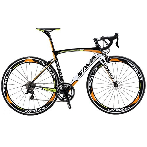 Vélos de routes : SAVA Vélo de Route de Fibre de Carbone 700C Shimano 3000 18-Vitesses Système Vélo Ultraléger (Noir Blanc Orange, 540mm)