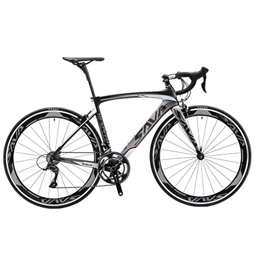 Vélos de routes : SAVA Vélo de Route de Fibre de Carbone 700C Shimano 3000 18-Vitesses Système Vélo Ultraléger (Noir & Gris, 440mm)