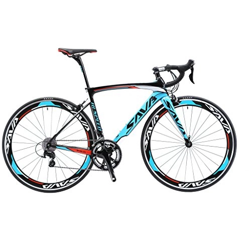 Vélos de routes : SAVA Vélo de Route de Fibre de Carbone 700C Shimano 4700 20-Vitesses Système (Noir Blanc Bleu, 520mm)