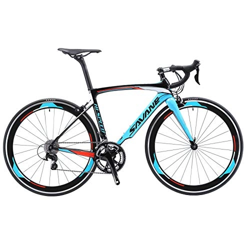 Vélos de routes : SAVA Vélo de Route de T800 Fibre de Carbone 700C Shimano 105 5800 22 Vitesses Système (Noir Blanc Bleu, 48cm)