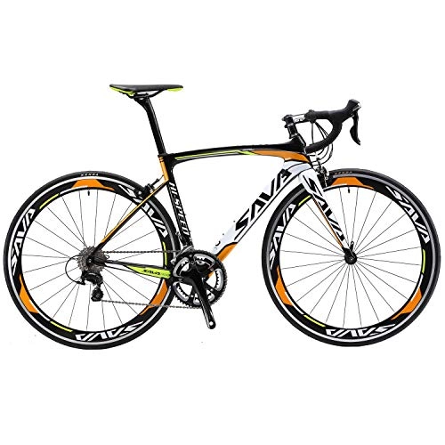 Vélos de routes : SAVA Vélo de Route de T800 Fibre de Carbone 700C Shimano 105 5800 22 Vitesses Système (Noir Blanc Orange, 52cm)