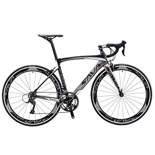 Vélos de routes : Sava Warwinds3.0 Vélo de route 700C en carbone avec système de dérailleur Shimano Sora à 18 vitesses et pneu Michelin 25C, gris, 48cm