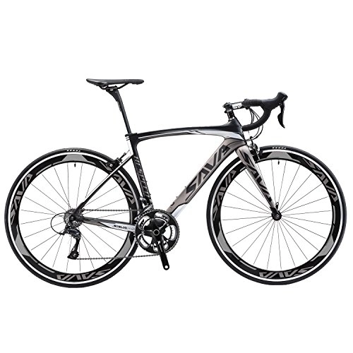 Vélos de routes : Vélo de Route Carbon, SAVADECK Homme de Course de vélos en Fibre de Carbone T800 avec Groupe Shimano 105 7000 22 Vitesses (Noir & Gris, 50cm)