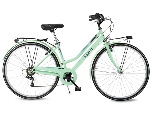 Vélos de villes : AIRBICI Vélo de marche Femme Fusion Lady 28". Vélo Femme 6 Vitesses Cadre en acier, jantes en aluminium, lumières LED, porte-bagage, chevalet, changement Shimano. (vert eau)