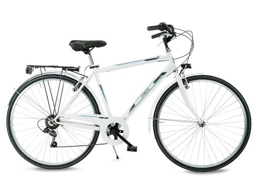 Vélos de villes : AIRBICI Vélo de marche homme Fusion Man 28". Vélo homme 6 vitesses, cadre en acier, jantes en aluminium, lumières LED, porte-bagage, chevalet, changement Shimano. (M (54), blanc)