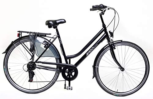 Vélos de villes : Amigo Moves – Vélo de ville pour femme – Vélo 28" – Convient à partir de 180 à 185 cm – Dérailleur Shimano 6 vitesses – Vélo de ville avec frein à main, éclairage et béquille – Noir
