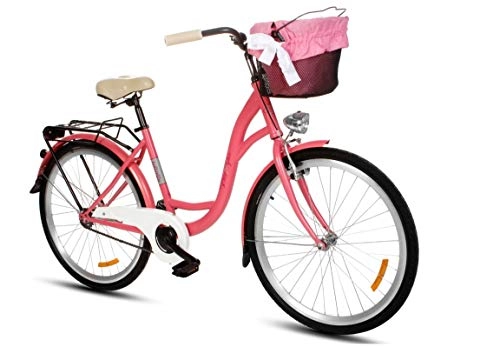 Vélos de villes : BDW Alice Vélo hollandais confort avec bretelles dorsales, vélo pour femme, 6 vitesses, noir, 28 pouces (rose)