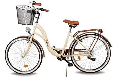Vélos de villes : BDW Vélo de ville pour femme 6 vitesses Shimano, LED, Vélo de ville pour femme, vélo de ville et de trekking, panier KOSTELNOS (crème)
