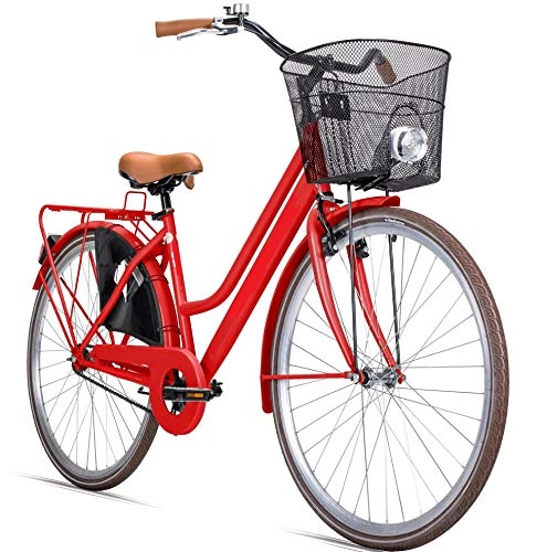 Vélos de villes : Breluxx® 28" Vélo Femme Amsterdam 1 Vitesse, Frein à rétropédalage, Vélo de ville avec Panier + Eclairage, Retro Bike, Rouge - Modèle 2020