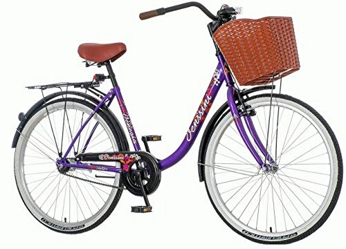 Vélos de villes : Breluxx® Vélo de ville pour femme Venssini Lady, 1 vitesse, frein à rétropédalage, vélo de ville avec panier + éclairage, vélo rétro, violet, fabriqué en UE
